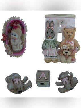 Vintage Nursery Decor Set - Light Switch Cover & Figurines Bears Dog Bunny Baby